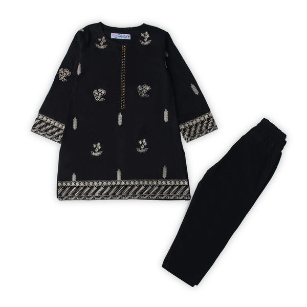 Girls 2pc Lawn Embroidered Black Dress 🌸