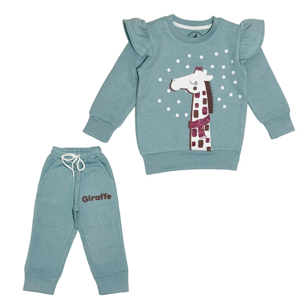 Girls Sky Blue Giraffe Glitter Print 2pc